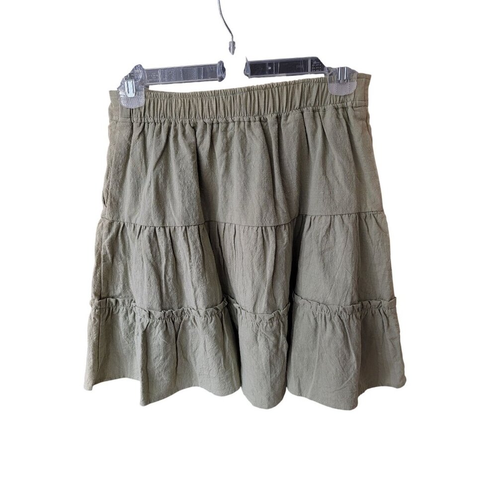 New In Olive Green Button Front Tiered Skirt L Cotton - Picture 2 of 5